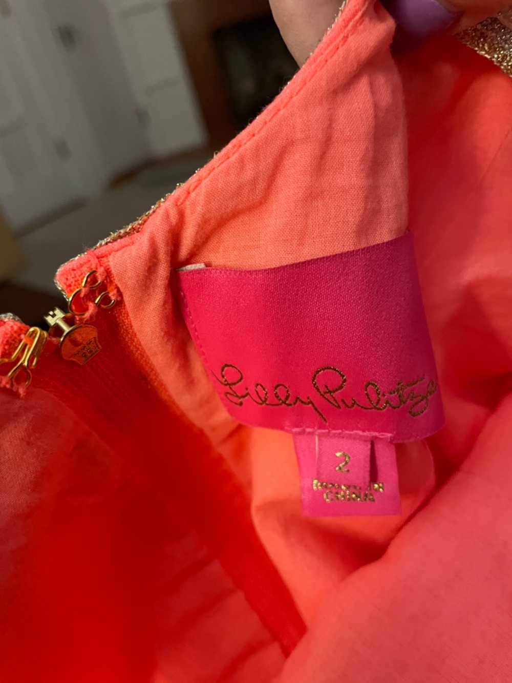 Lilly Pulitzer Valli Hot Coral Mini Dress with Metallic Trim Sz 2 - Picture 4 of 7